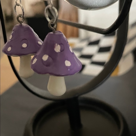 Hand Crafted Purple and White Ceramic Mushroom Earrings - Picture 3 of 5